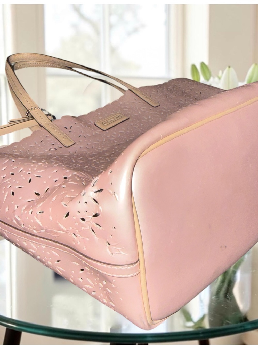 4 piece Coach Market Tote 3Piece Set Pearly Pink Laser Cut Perforated Tote & COA - Picture 13 of 16